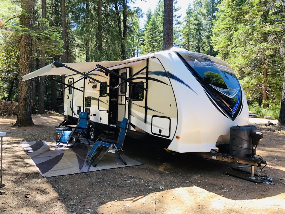 travel trailer at campsite